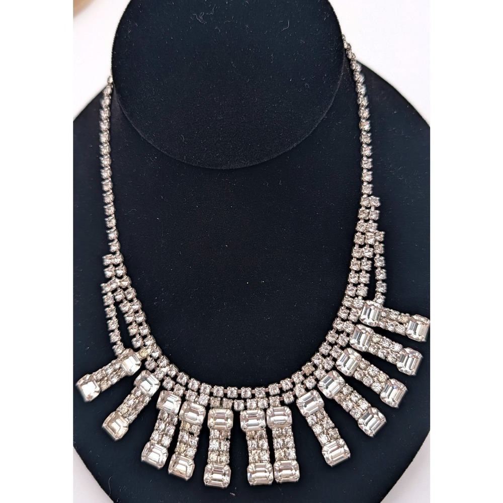 Vintage Silver Tone Clear Rhinestone Bib Statement Necklace Emerald Cut Fringe
